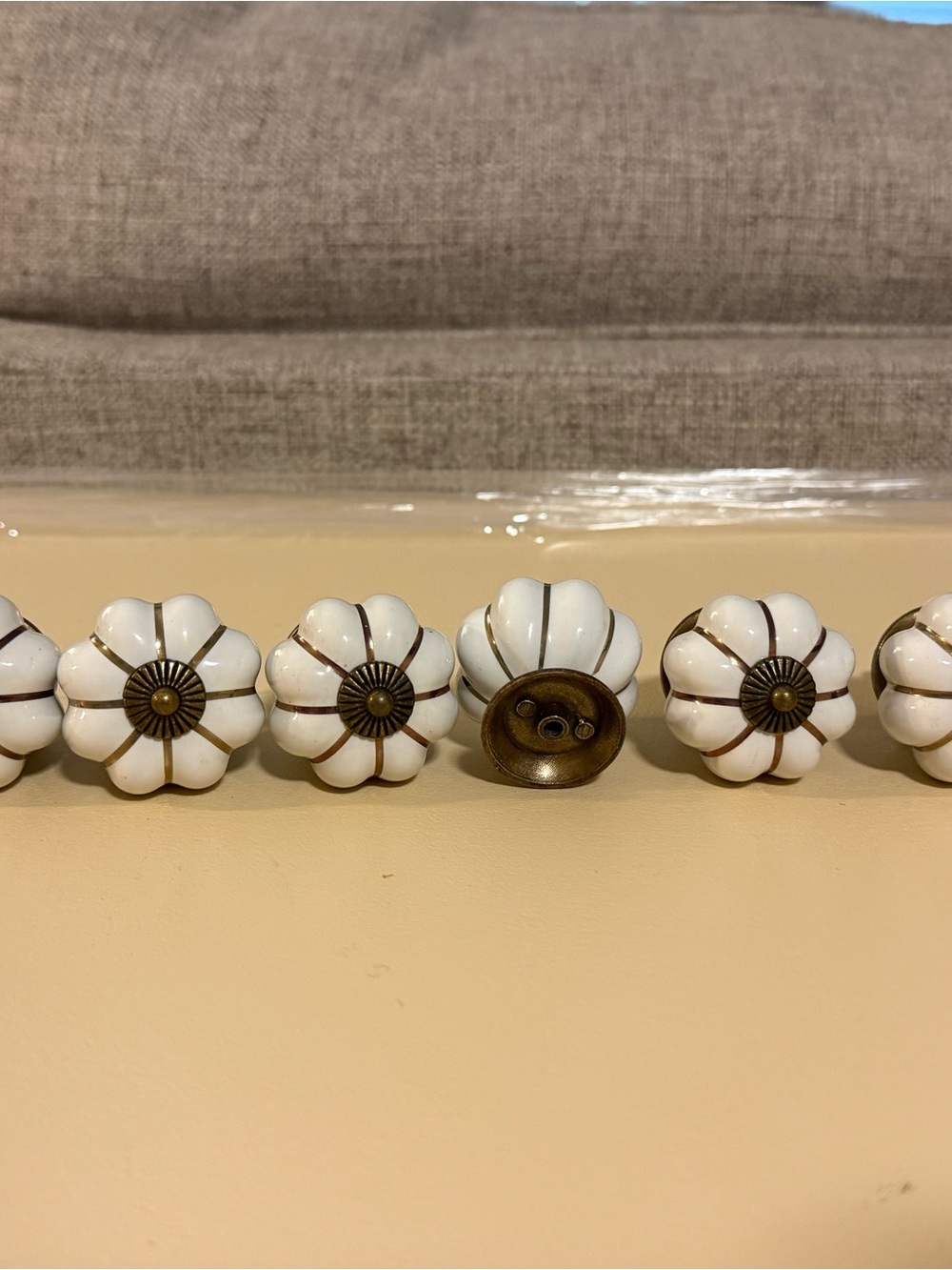 White Ceramic Pumpkin Cabinet Knobs with Antique Brass Accents - 8pcs